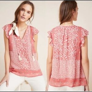 Anthropologie DOLAN Collection Kelsey Blouse Flutter Sleeve Tassel V-Neck  S